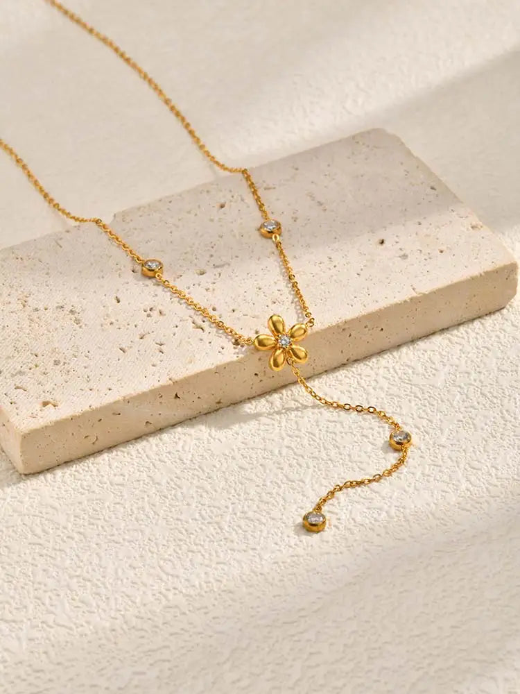Y-Shape Zirconia Flower Lariat Necklace – Gold, Tarnish Free Pendant Necklace SPOT