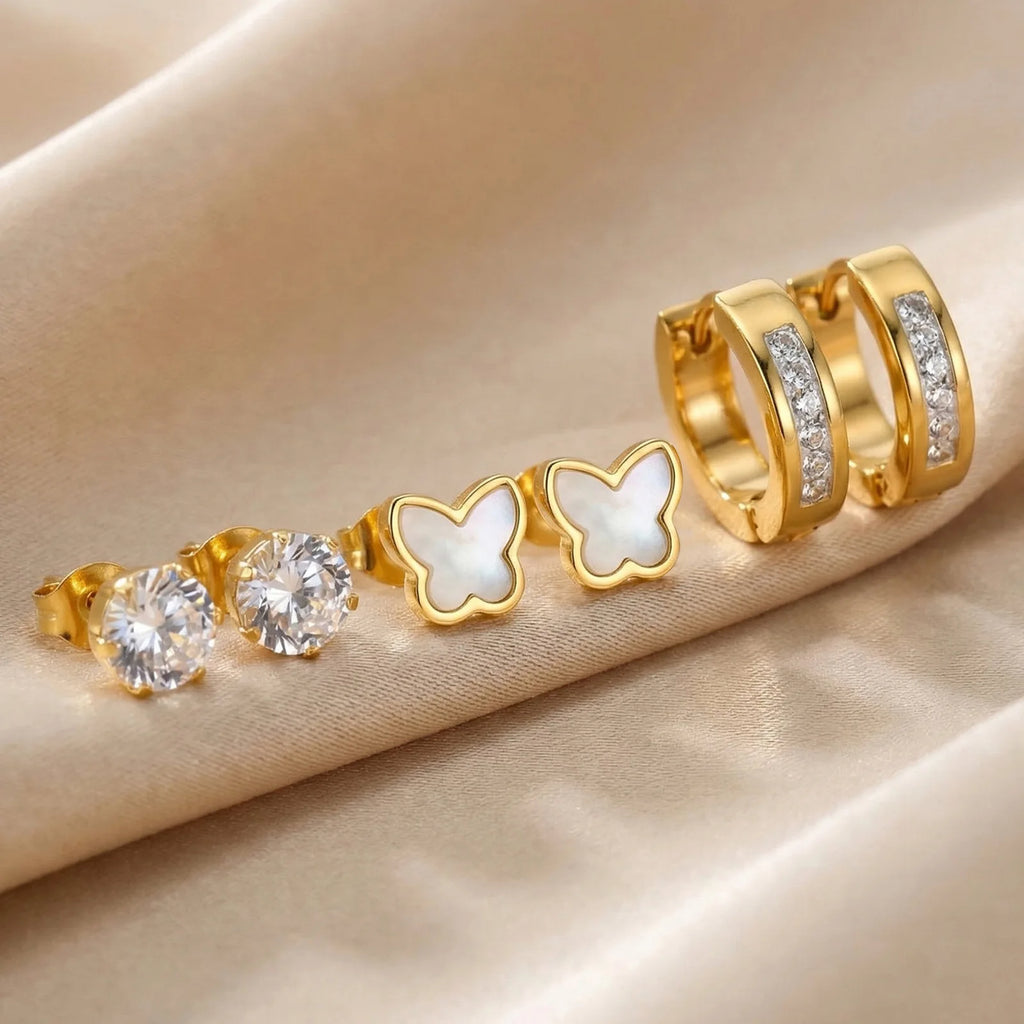 Gold Plated Black Flower Stud & CZ Hoop Earrings Set for Women Earrings Set SPOT