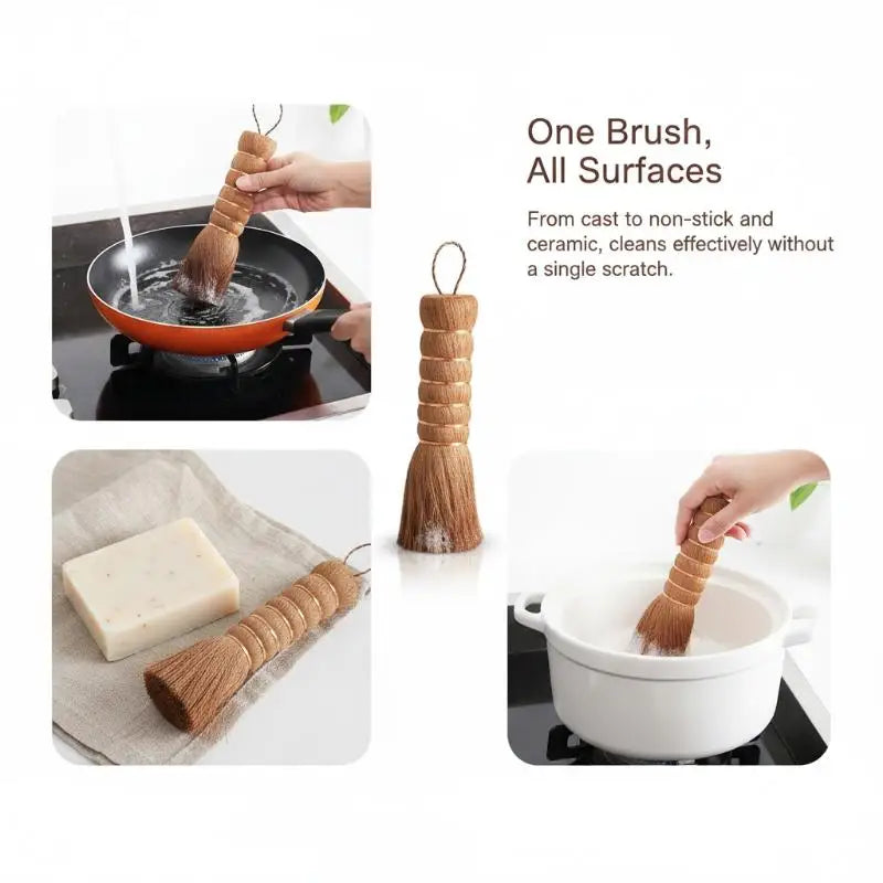 Long Handle Palm Pot Brush – Natural Wok & Pan Cleaner Kitchen Cleaning Brush SPOT