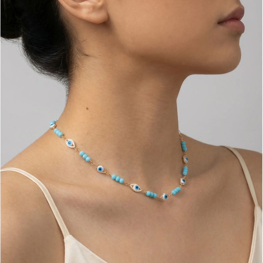 Evil Eye Blue Beaded Choker – Turkish Nazar Necklace for Women Beaded Choker Necklace SPOT