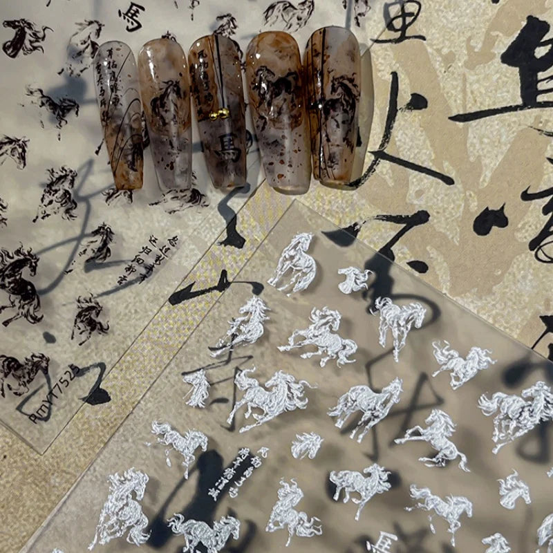 Ink Painting Horse Nail Art Stickers – Black & White Decals Nail Art Stickers SPOT