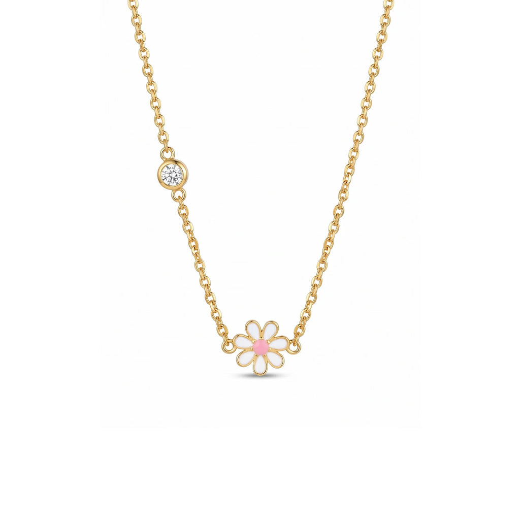 Enamel Daisy Flower Necklace – Stainless Steel CZ Chain Pendant Necklace SPOT NC-2969GW 40cm-45cm