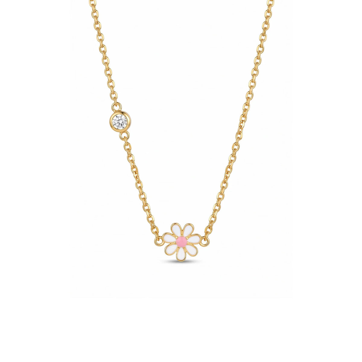 Enamel Daisy Flower Necklace – Stainless Steel CZ Chain Pendant Necklace SPOT NC-2969GW 40cm-45cm