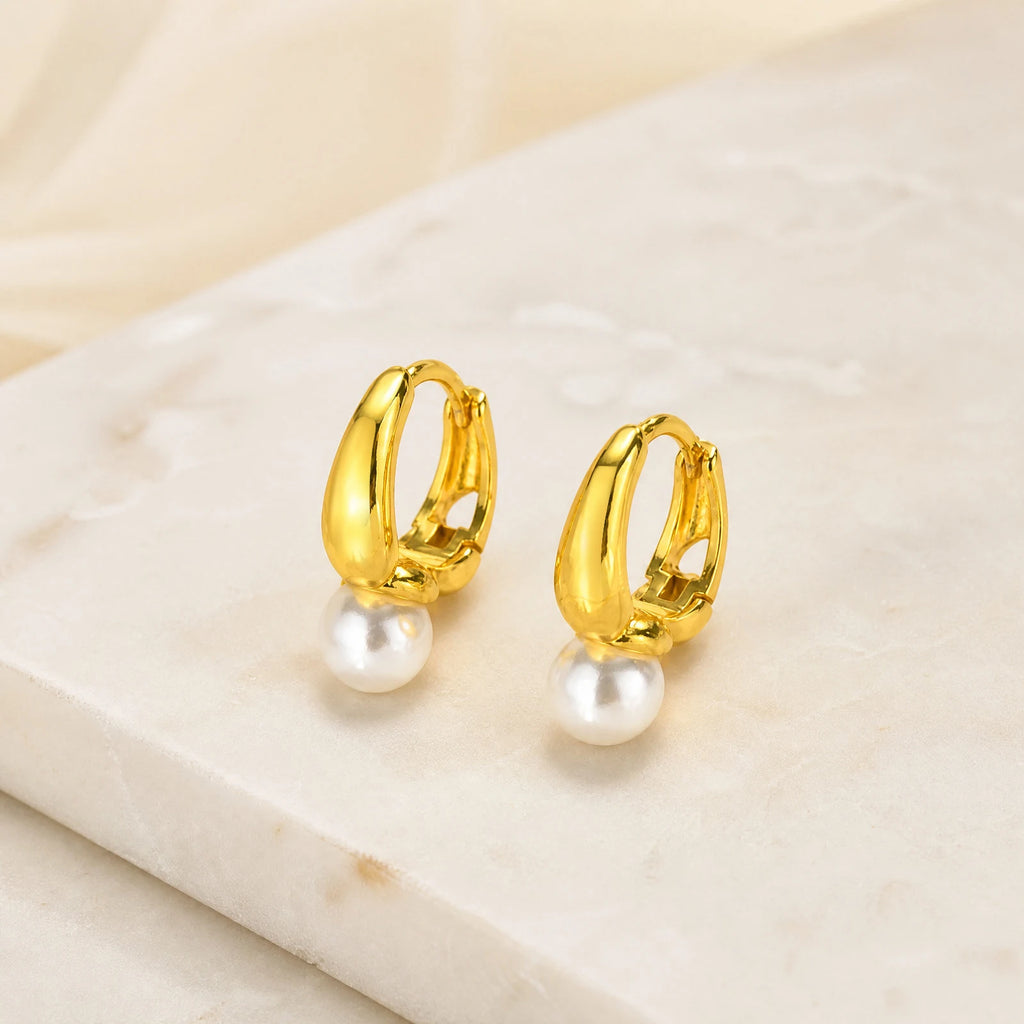 Imitation Pearl Huggie Hoop Earrings – Minimalist Gold Hoops Huggie Hoop Earrings SPOT