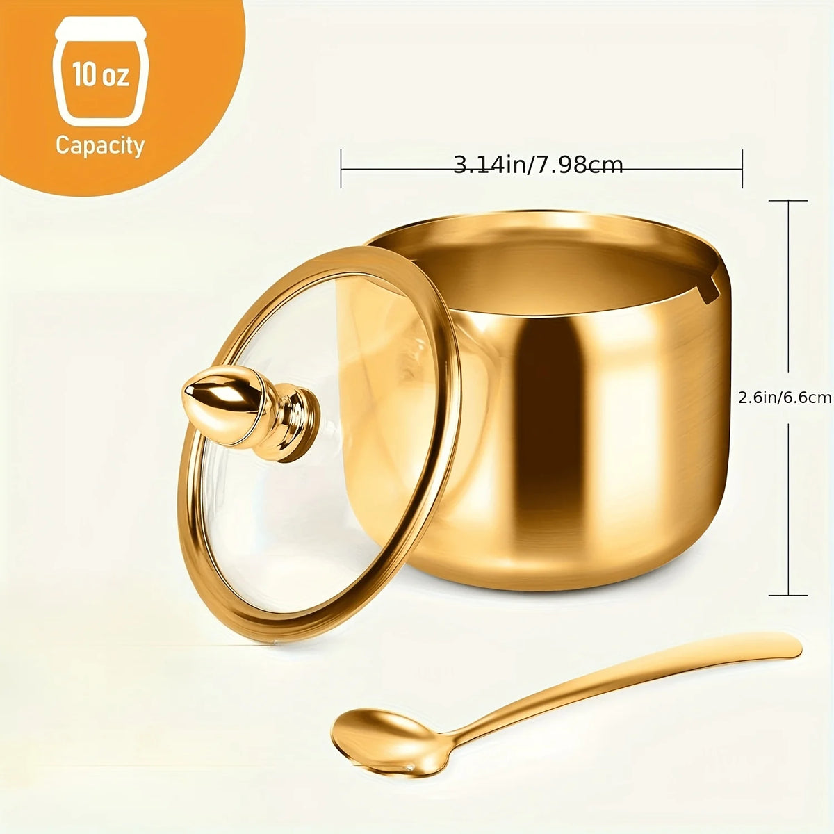 Gold Stainless Steel Sugar Bowl with Glass Lid & Spoon – 270ml Sugar Bowl SPOT