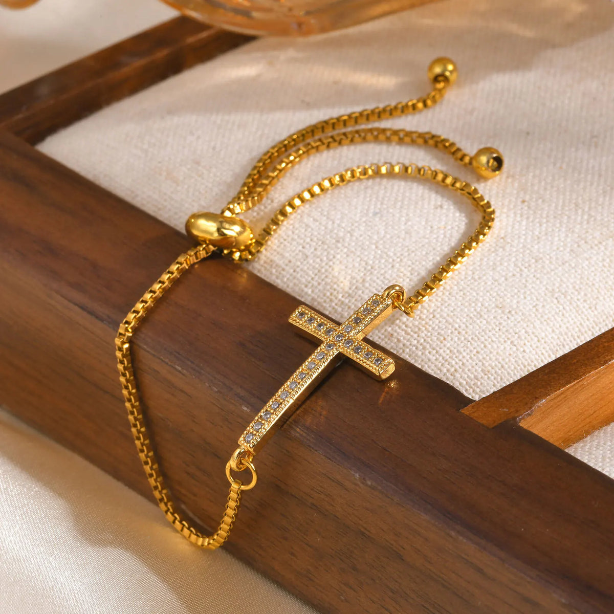 Zircon Sideways Cross Bracelet – Adjustable Gold Chain for Women Cross Chain Bracelet SPOT