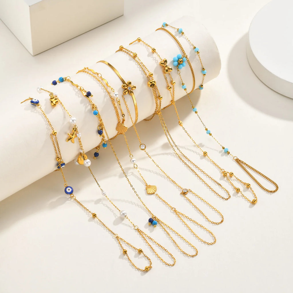 Layered Hand Chain Ring Bracelet – Lapis Lazuli & Turquoise Gold Chain Link Bracelet SPOT