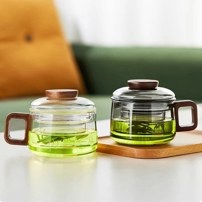 200ml Heat-Resistant Glass Tea Cup with Filter & Wood Handle Glass Tea Cup SPOT