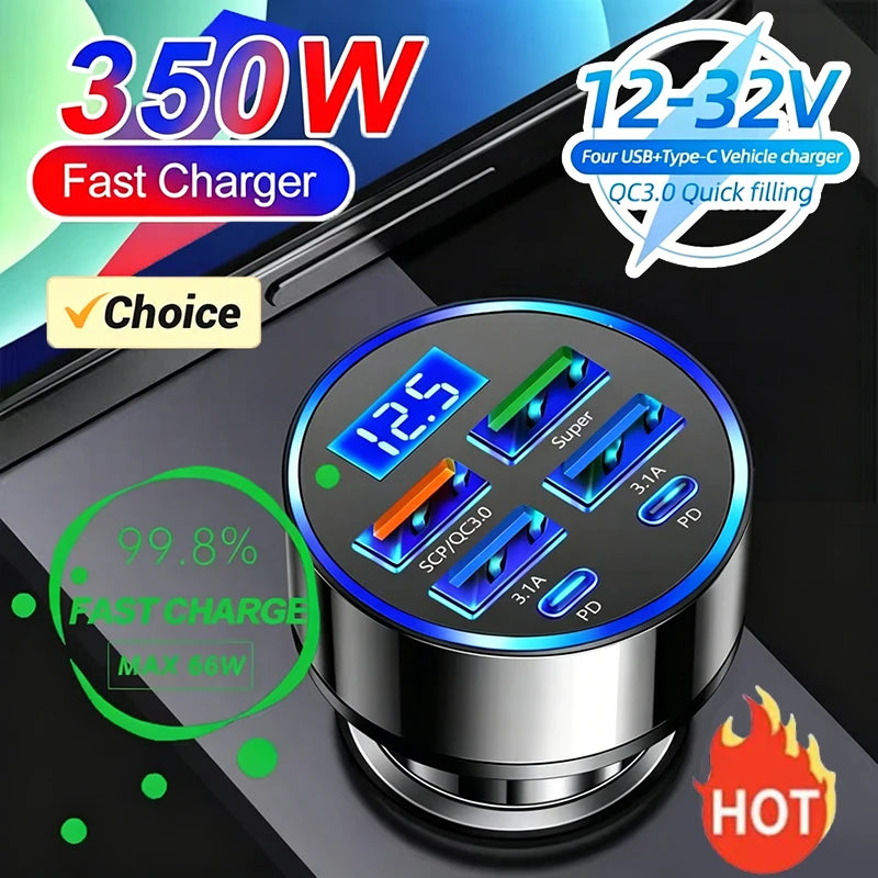 350W 6-Port Car Fast Charger USB PD QC 3.0 Type-C Adapter Car Fast Charger SPOT