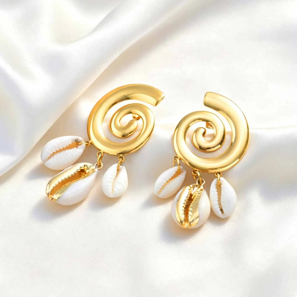 Gold Geometric Cowrie Shell Drop Earrings – Stainless Steel Shell Drop Earrings SPOT