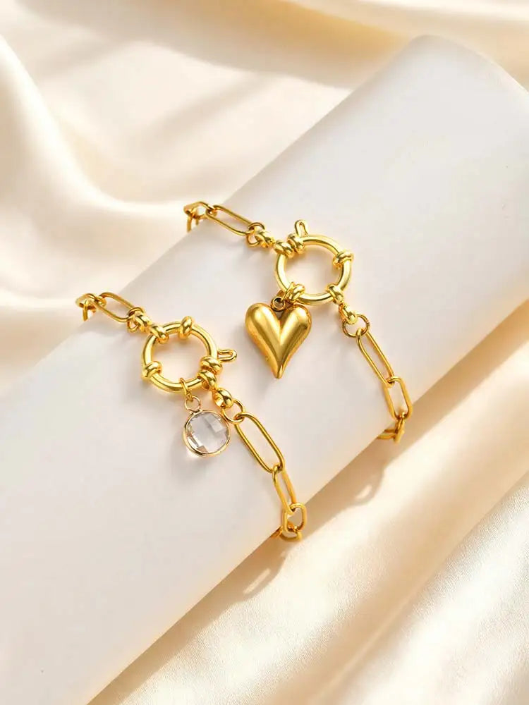 18K Gold Plated Paperclip Bracelet – Zircon Heart Charm Women Chain Link Bracelet SPOT