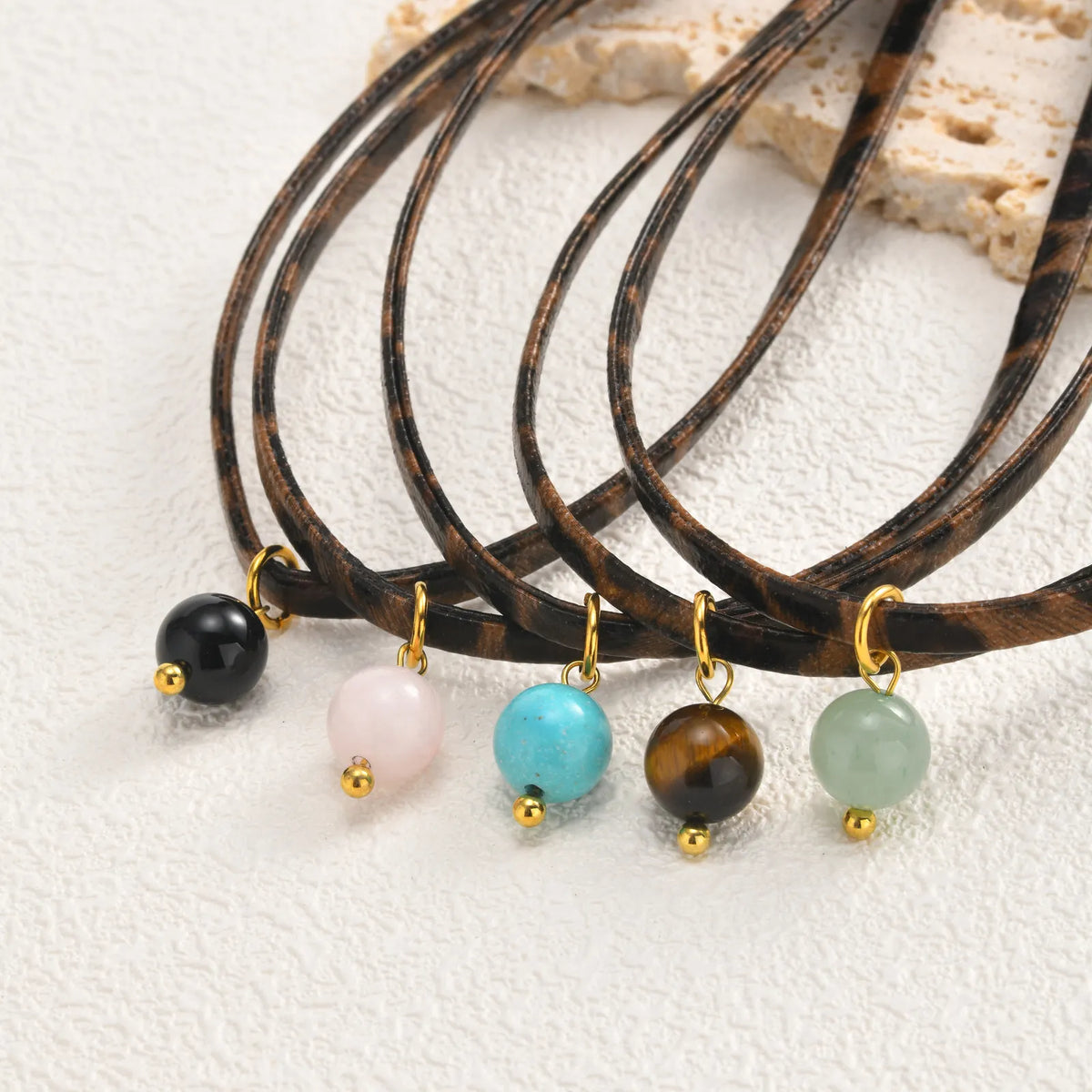 Leopard Leather Choker – 18K Gold Plated Turquoise Pendant Choker Necklace SPOT