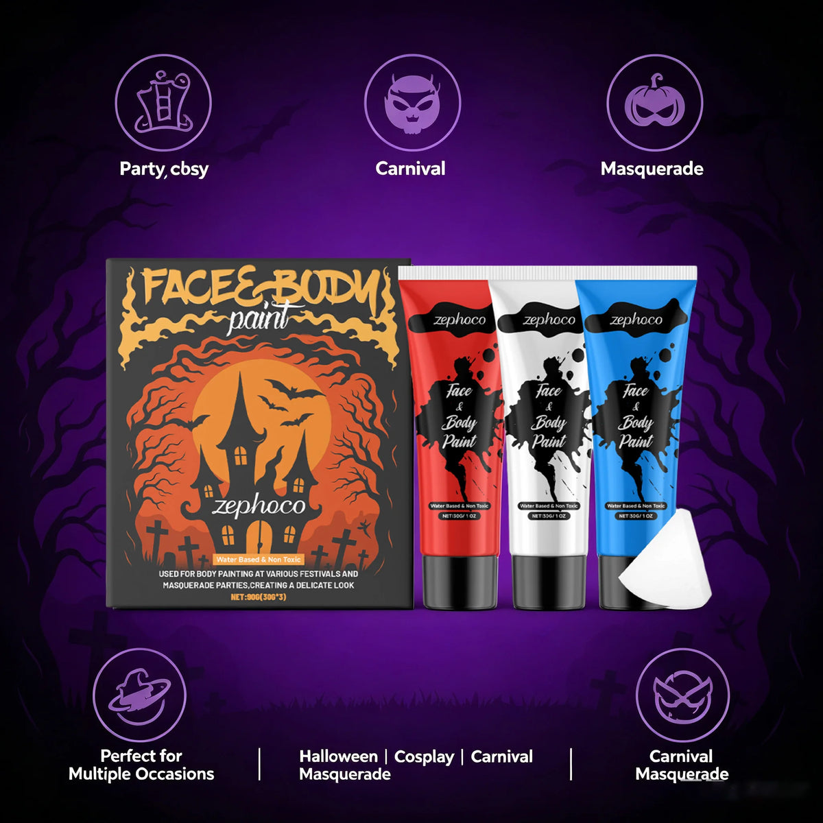 Halloween Face & Body Paint Kit – 3 Colors High Coverage Cream Body Paint Kit SPOT