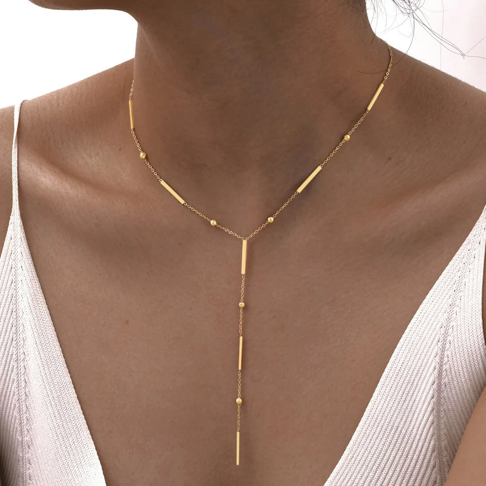 Beaded Y-Shape Necklace – Minimalist Gold Bar Pendant | Meaeguet Chain Pendant Necklace SPOT