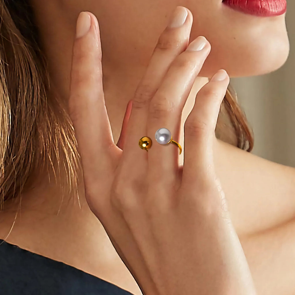 Pearl Beaded Stainless Steel Cuff Ring – Women's Gold Statement Ring Pearl Cuff Ring SPOT