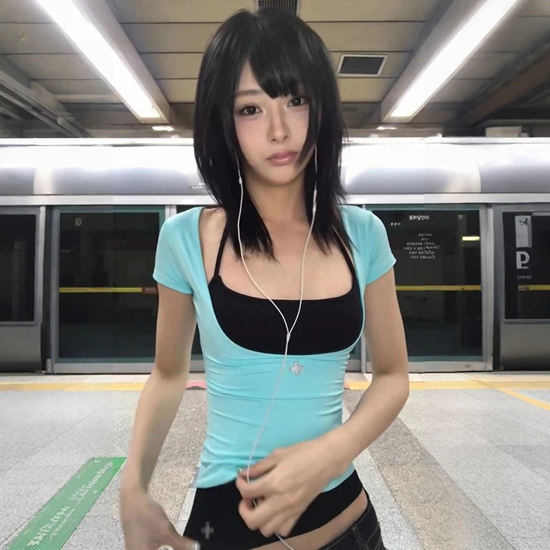 Y2K Fake Two-Piece Halter Top – Harajuku Patchwork Tee Patchwork Halter Tee SPOT