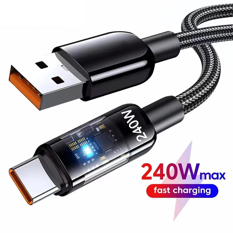 240W USB-C Nylon Braided Fast Charging Cable – Transparent USB-C Charging Cable SPOT