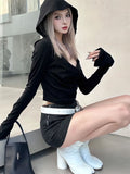 Women's Y2K Cropped Hoodie Top – Off-Shoulder Long Sleeve Tee Cropped Hoodie Top SPOT black L