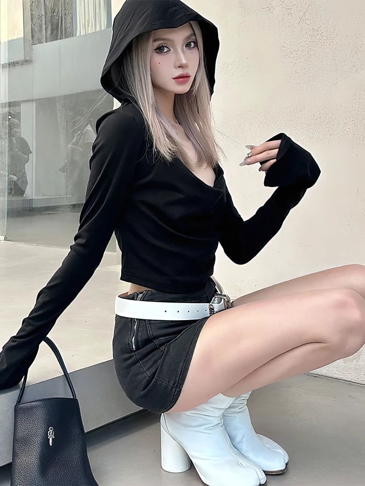 Women's Y2K Cropped Hoodie Top – Off-Shoulder Long Sleeve Tee Cropped Hoodie Top SPOT black L