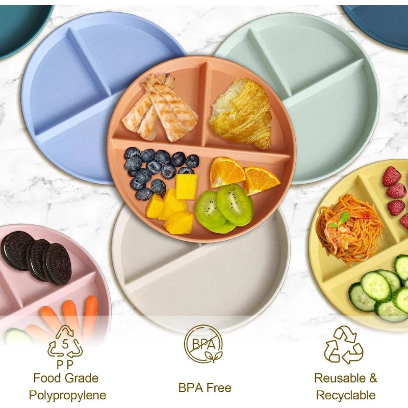 8-Pack Wheat Straw Divided Plates – 3-Compartment Portion Tray Divided Dinner Plates SPOT
