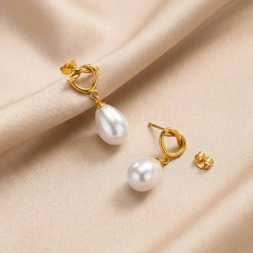 18K Gold Plated Knot Teardrop Pearl Drop Earrings | Dangle Pearl Drop Earrings SPOT