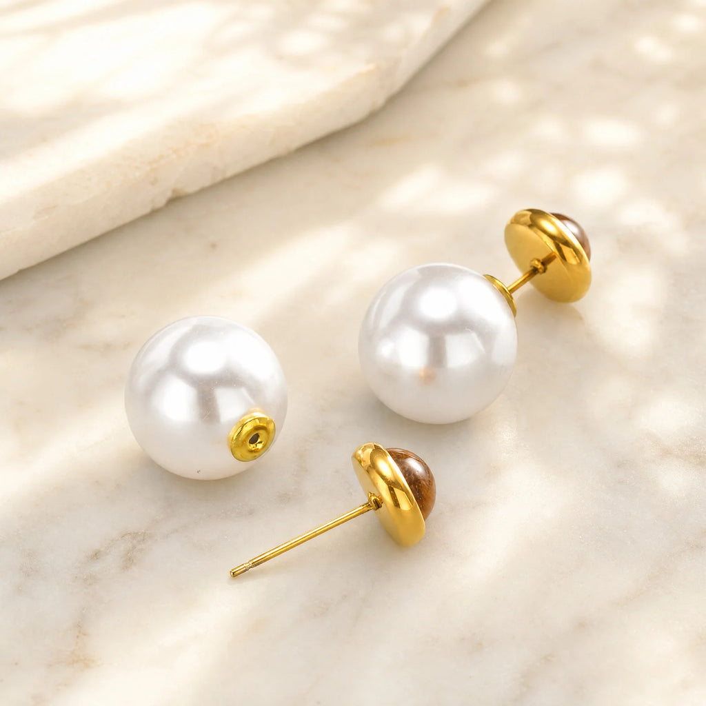 Tiger Eye & Faux Pearl Stud Earrings | 18K Gold Plated Steel Stud Earrings SPOT