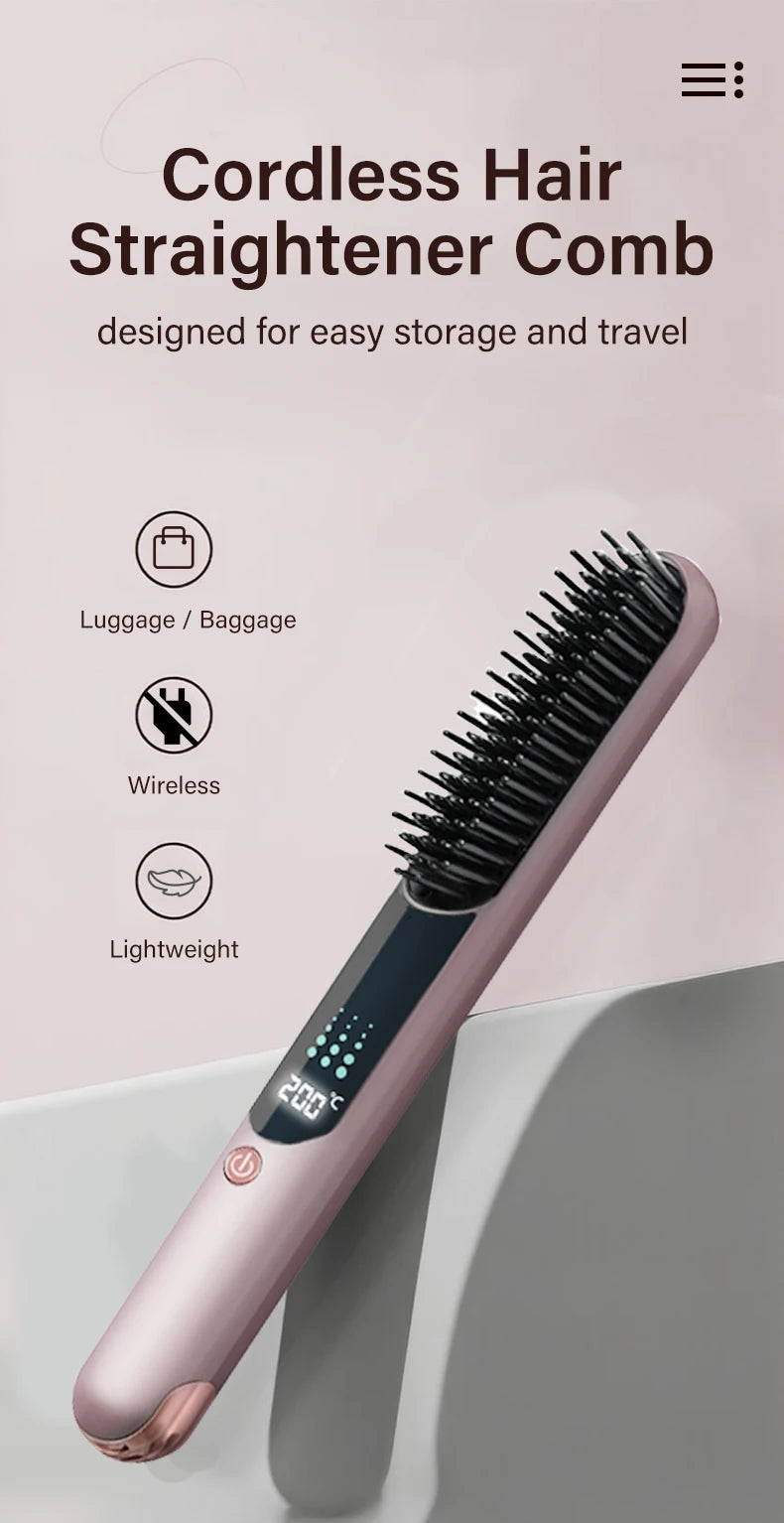Wireless 2-in-1 Negative Ion Hair Brush – Straightener & Curler Electric Hair Brush SPOT