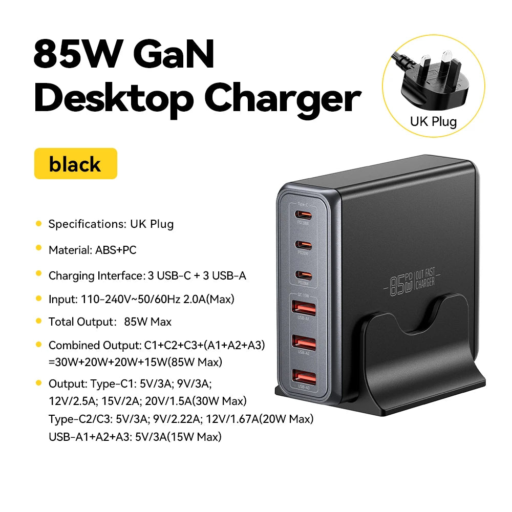 Essager 85W GaN 6-Port USB-C Desktop Fast Charging Station Desktop GaN Charger SPOT UK Plug Grey