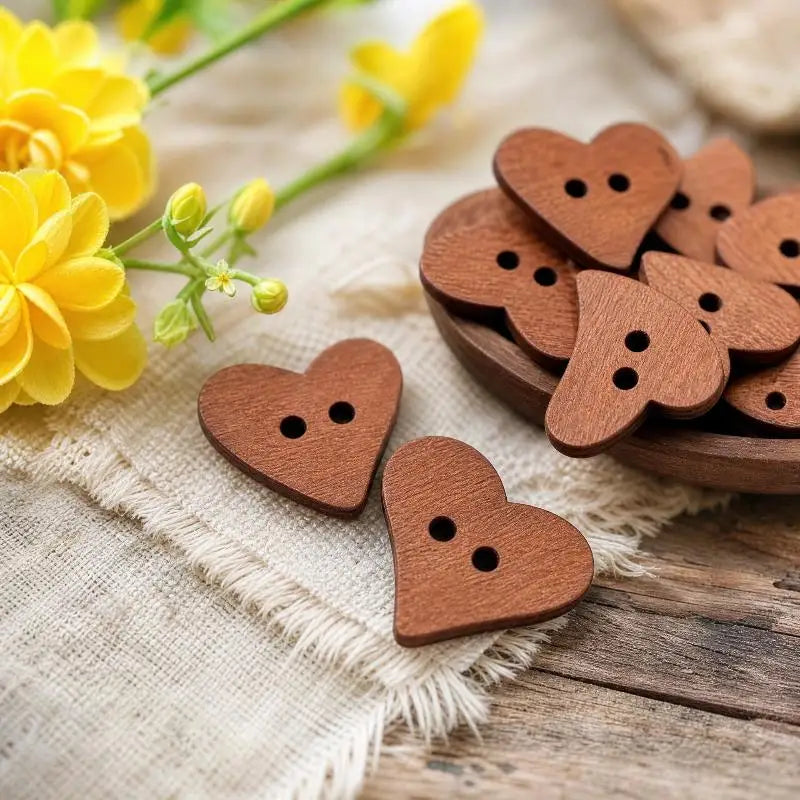 100-Pack Wooden Sewing Buttons – Retro Heart & Star 2-Hole Wooden Craft Buttons SPOT