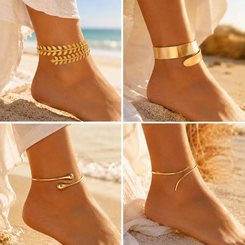 Gold Plated Adjustable Open Cuff Anklet | Minimalist Foot Chain Ankle Bracelet SPOT