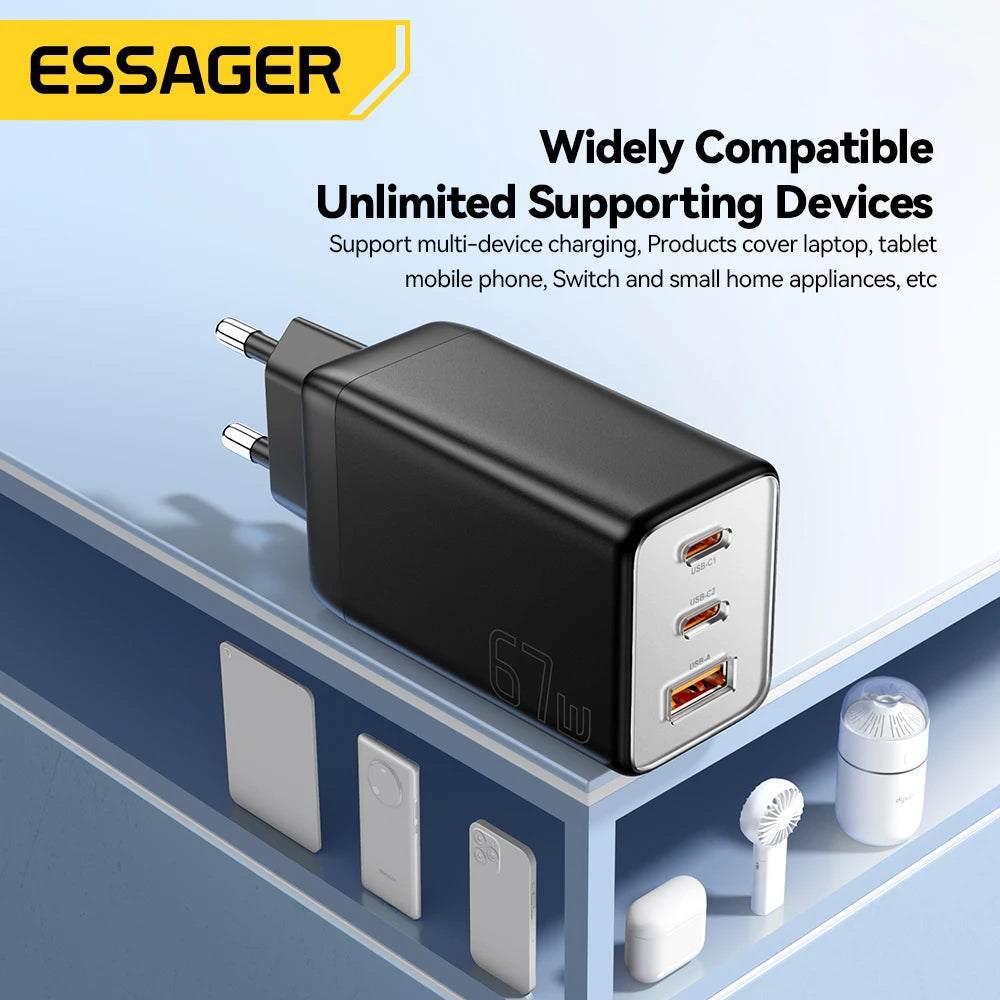 Essager GaN 67W 3-Port USB-C Wall Charger PD 3.0 QC 4.0 GaN Wall Charger SPOT