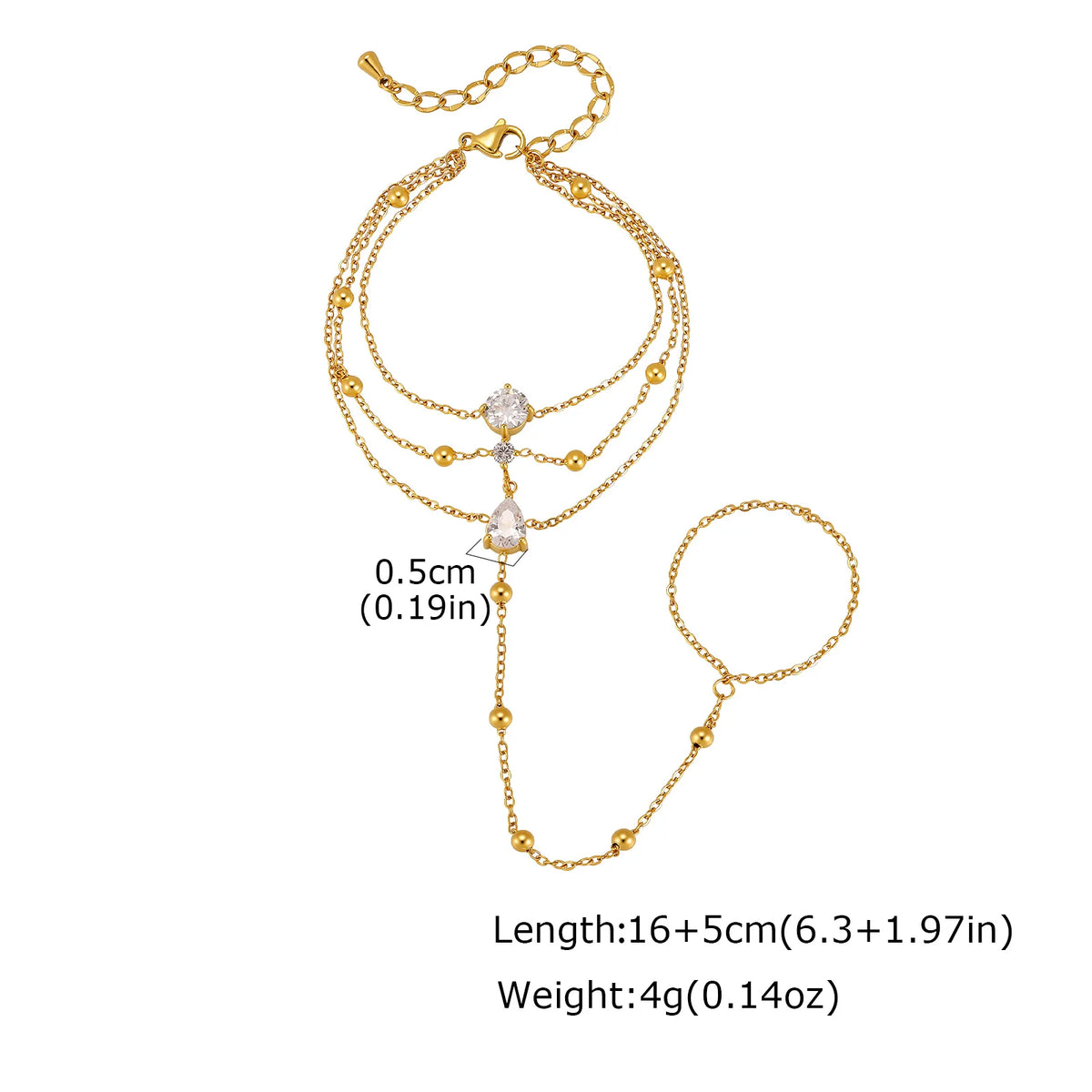 Women's Gold CZ Hand Chain Bracelet – Double Layer Slave Ring Hand Chain Bracelet SPOT BR-3009G