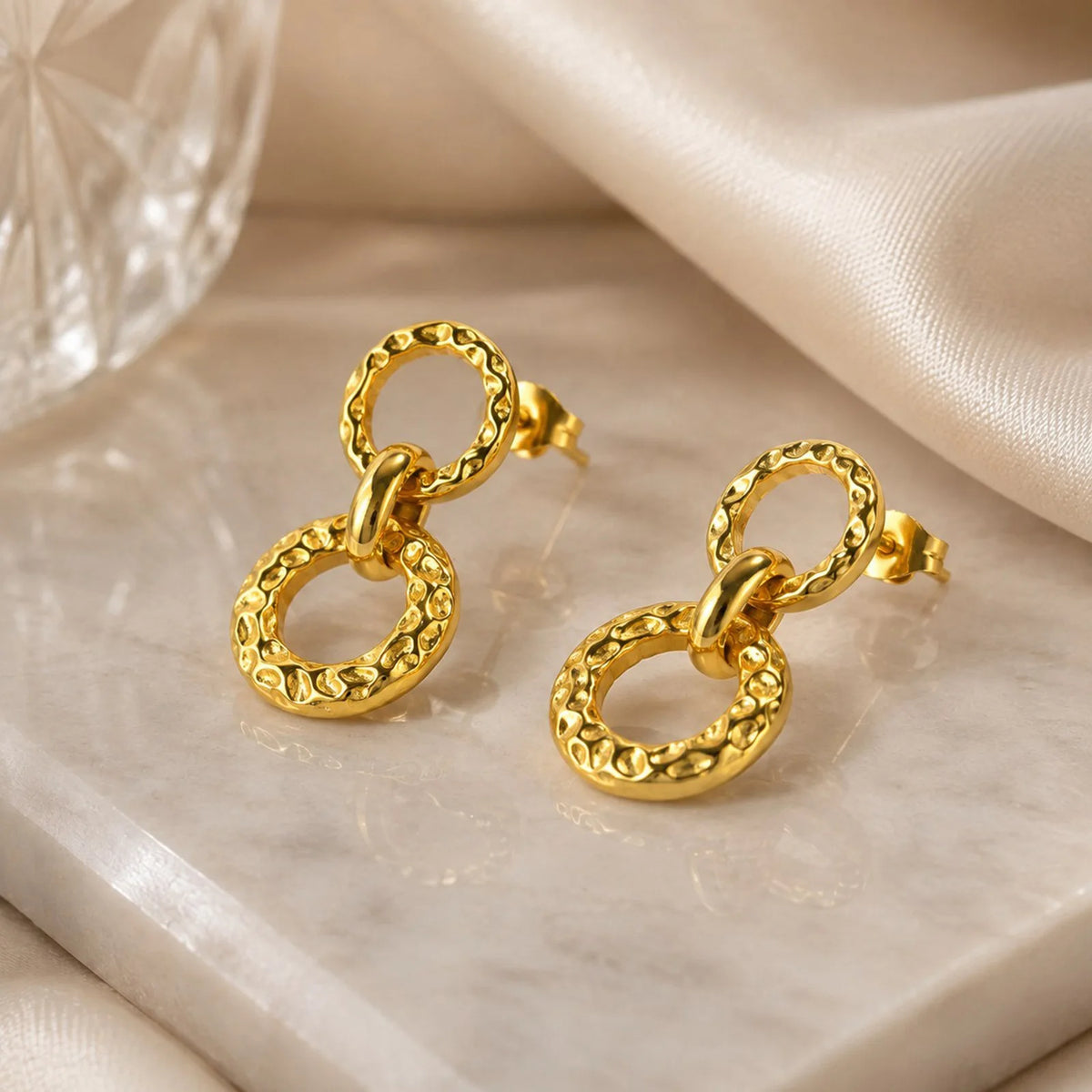 Hammered Double Circle Dangle Earrings – 18K Gold Plated Steel Dangle Earrings SPOT