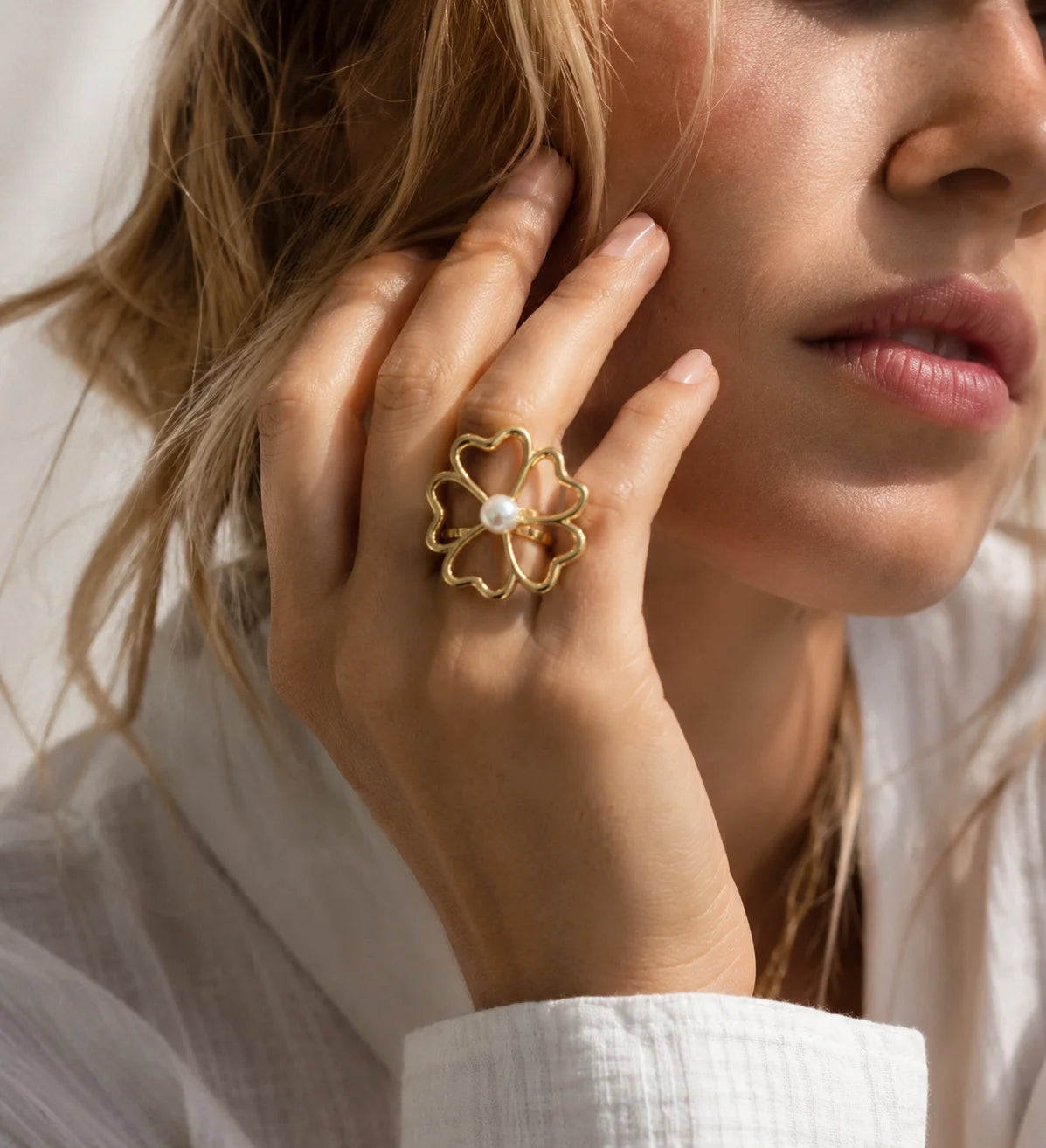 18K Gold Plated Floral Statement Ring – Open Adjustable Band Fashion Statement Ring SPOT RC-1121G07