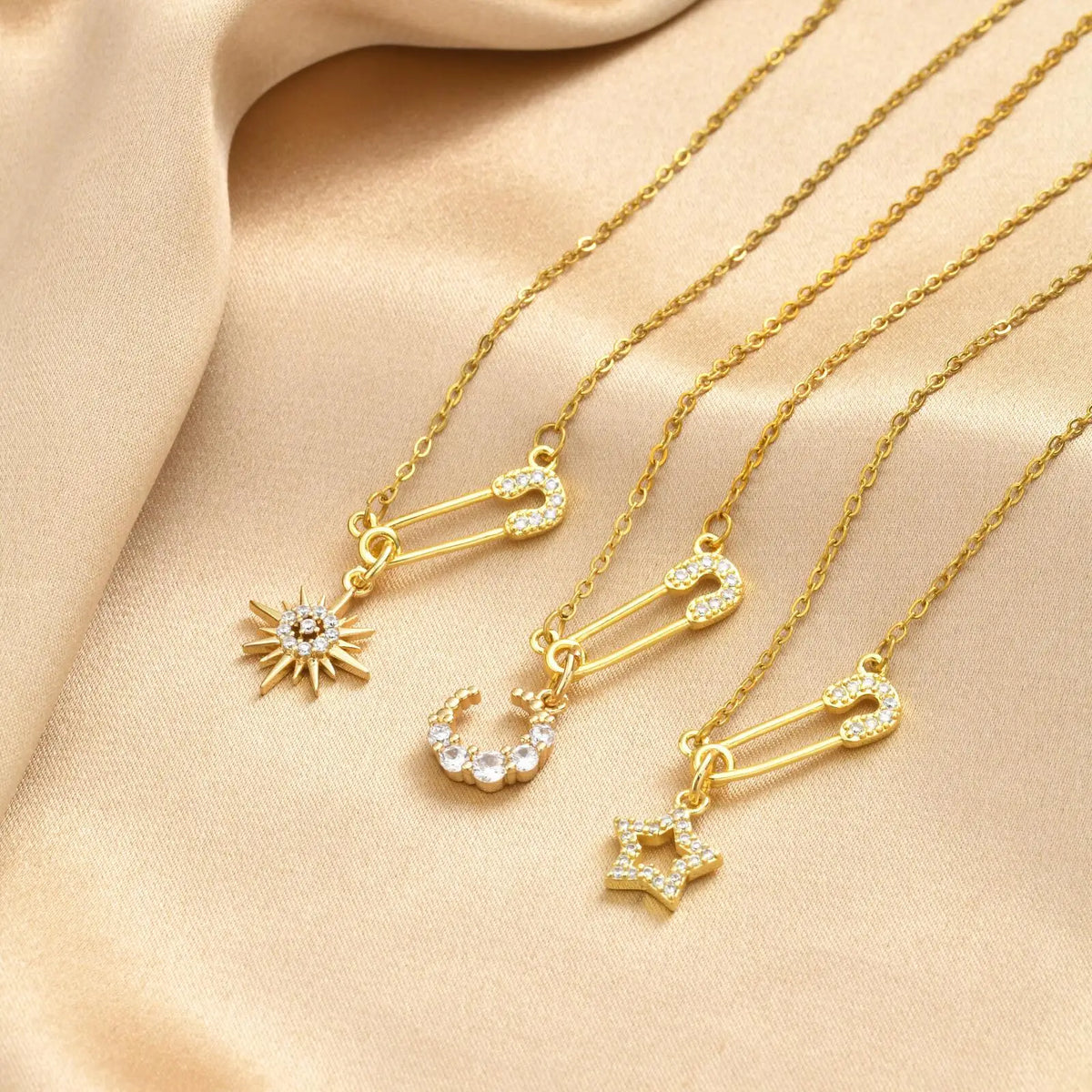 Safety Pin Necklace Pavé CZ Star Moon Sun Charm | Women Pendant Necklace SPOT