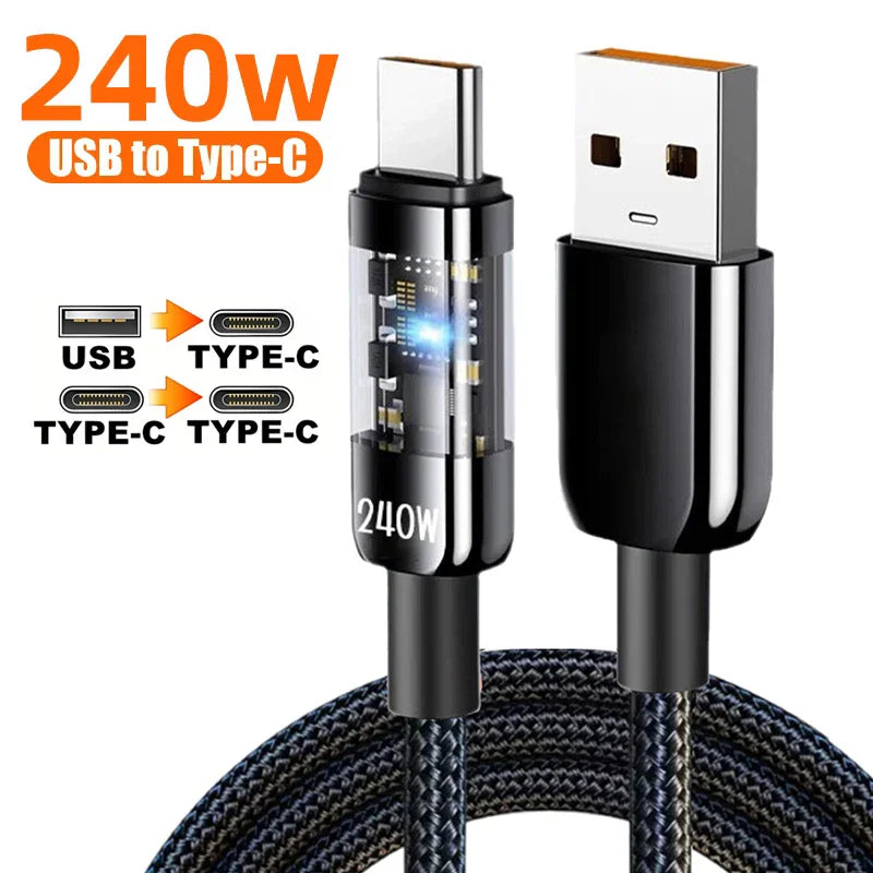 240W USB-C Fast Charging Cable – Nylon Braided with LED Light USB-C Charging Cable SPOT
