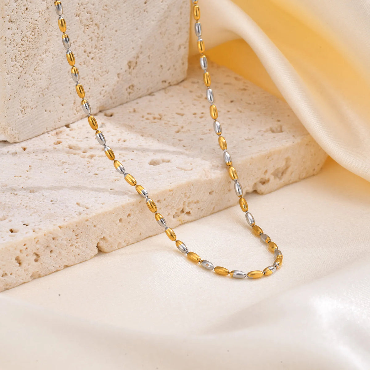 Women's Olive Bead Necklace – Two-Tone Stainless Steel Chain Beaded Chain Necklace SPOT