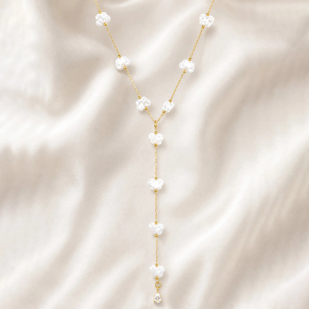 Butterfly Pearl Y-Drop Lariat Necklace | 18K Gold Plated CZ Lariat Necklace SPOT