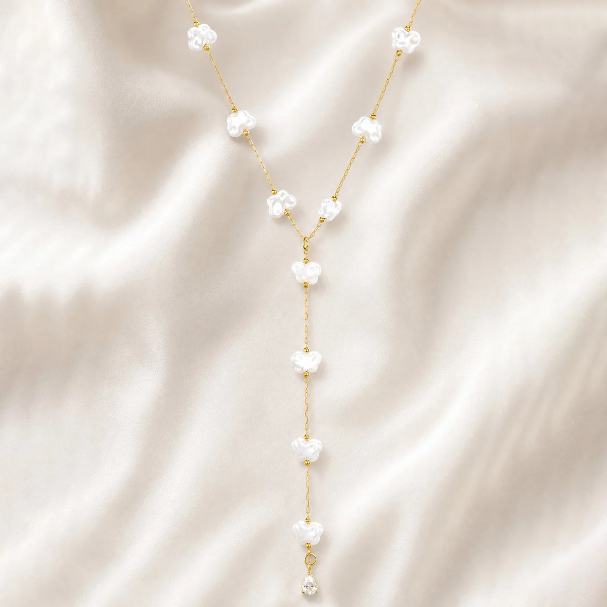 Butterfly Pearl Y-Drop Lariat Necklace | 18K Gold Plated CZ Lariat Necklace SPOT