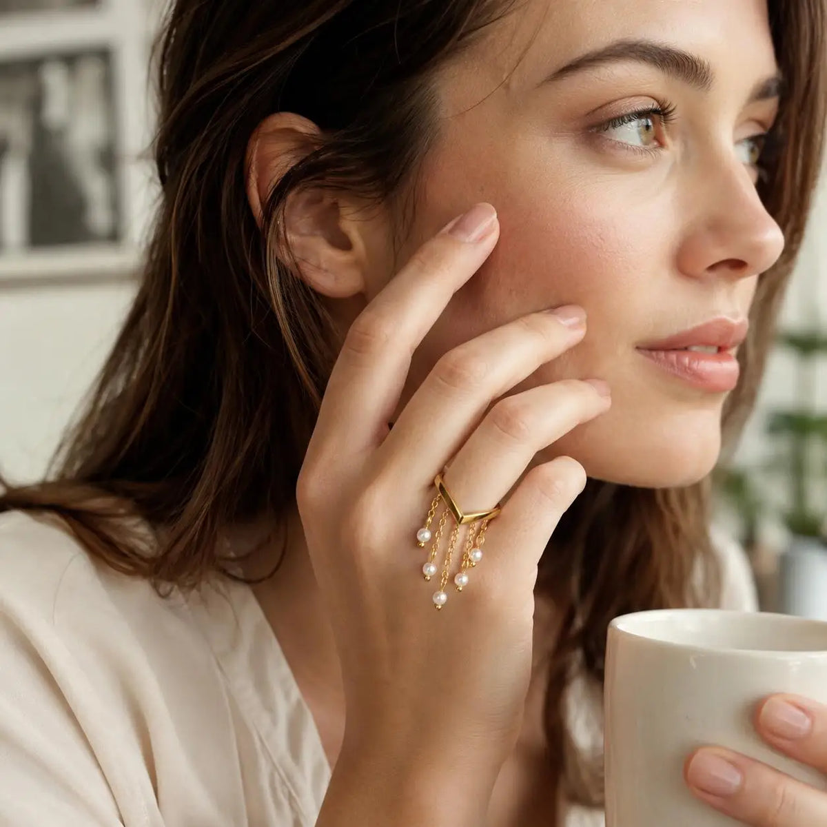 V-Shape Pearl Tassel Drop Ring – 18K Gold Stainless Steel Cocktail Ring SPOT RC-1127G07