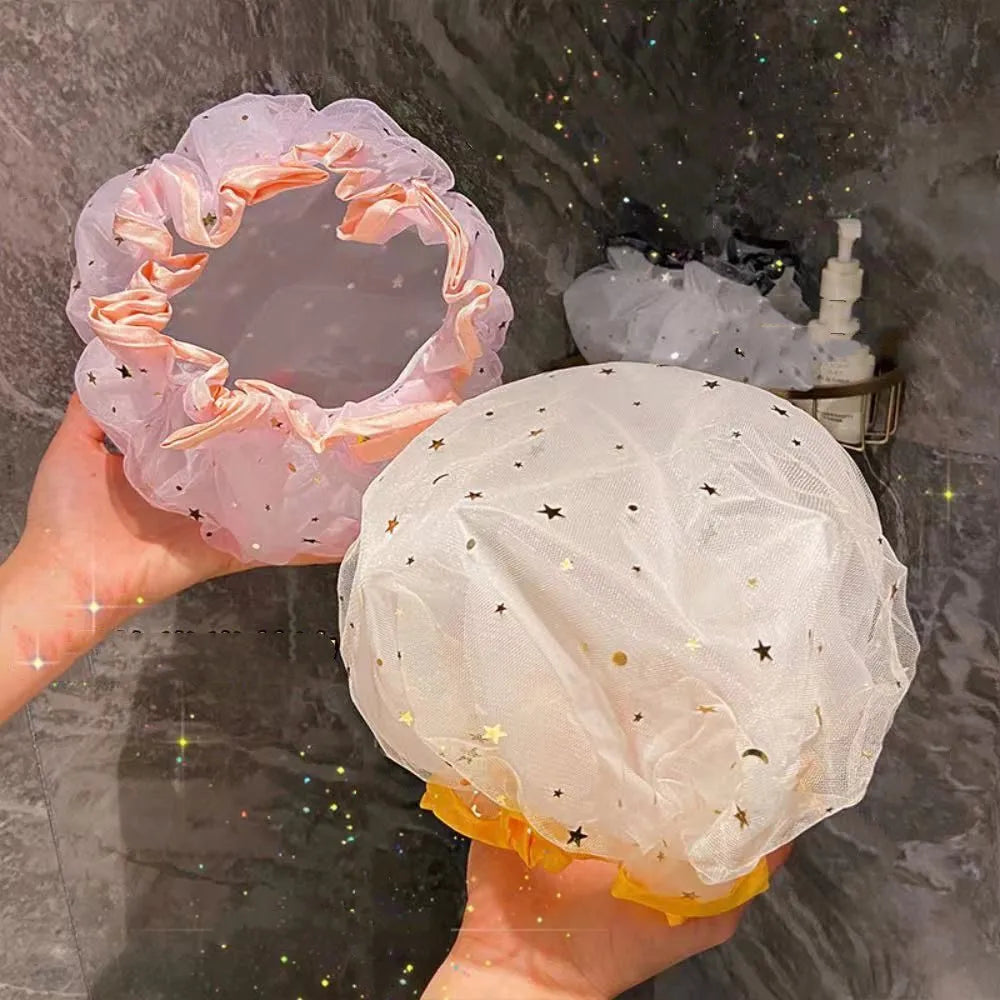 Waterproof Double-Layer Shower Cap – Reusable Starry Sky Shower Cap SPOT