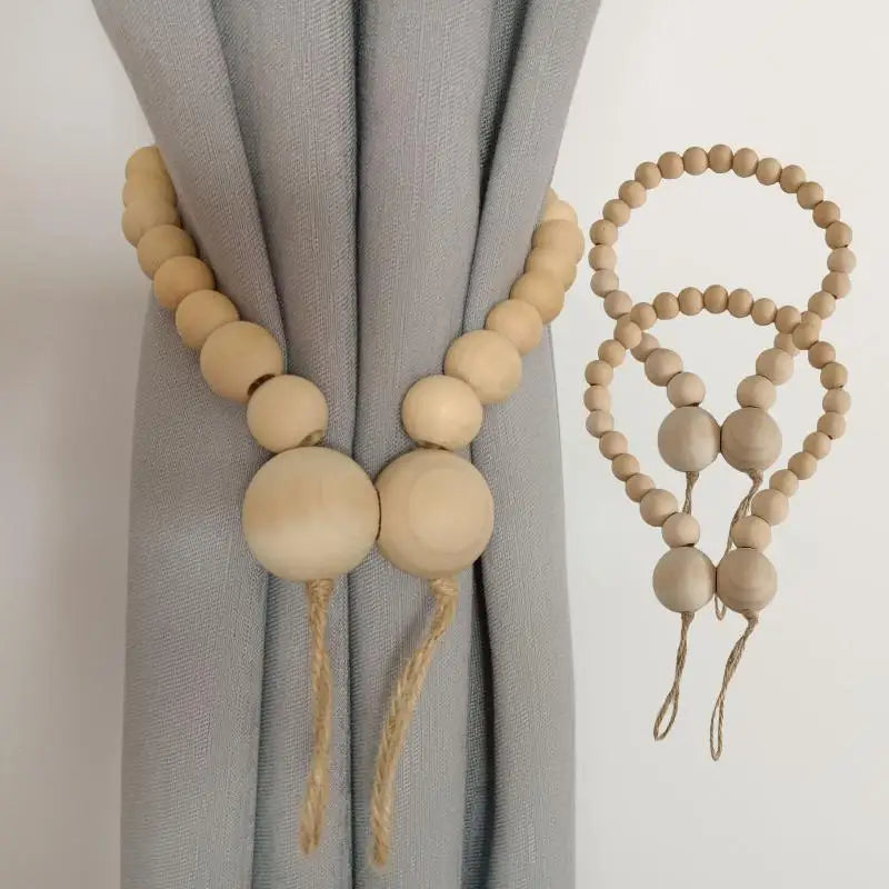 Natural Wood Bead Curtain Tieback – Boho Rustic Holdback Curtain Tieback SPOT Default Title
