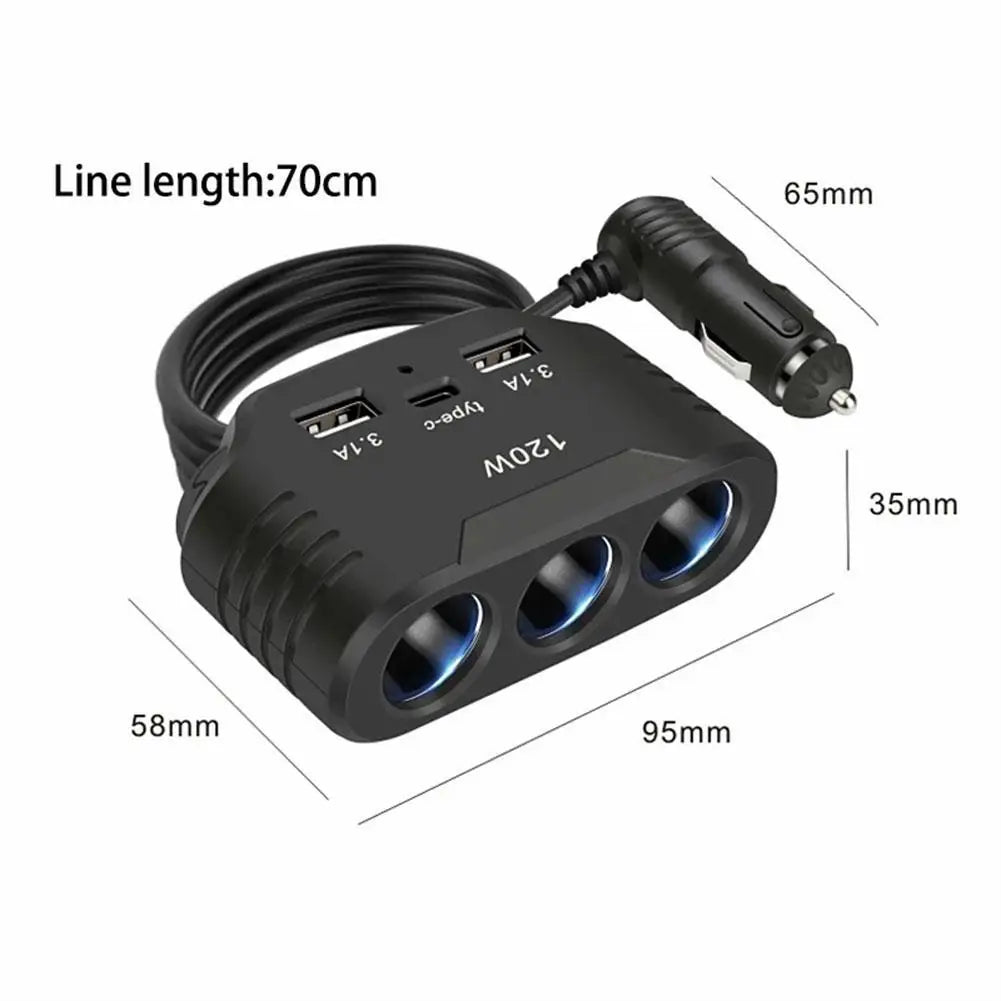 3-in-1 Car Cigarette Lighter Splitter – Dual USB 120W Adapter Car Power Adapter SPOT