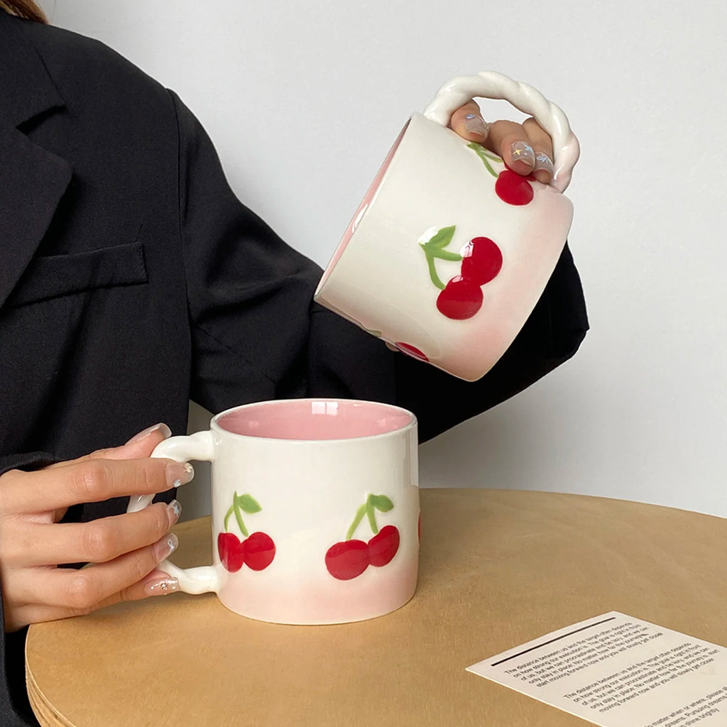 Pink Cherry Ceramic Mug 370ml – Twist Handle Gradient Cup Ceramic Coffee Mug SPOT