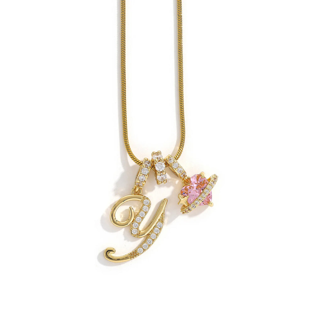 Initial Letter Necklace – Pink Crystal Heart Pendant, 18K Gold Initial Pendant Necklace SPOT Y