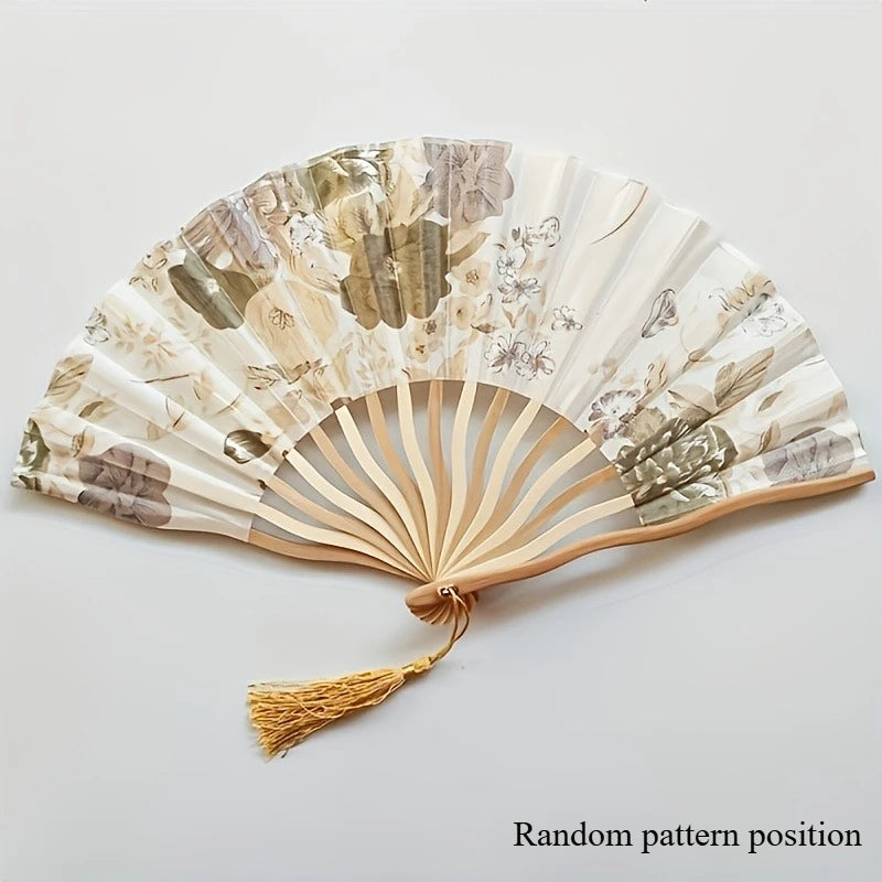 Chinese Ink Painting Folding Fan – Bamboo Cloth Fan with Tassel Decorative Folding Fan SPOT yellow