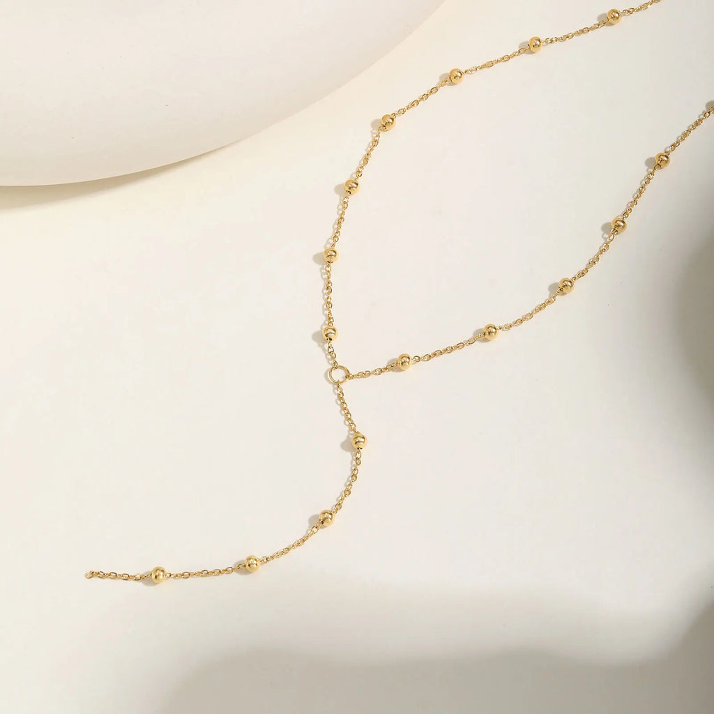 Y-Shape Ball Bead Lariat Necklace – Gold Stainless Steel Lariat Necklace SPOT