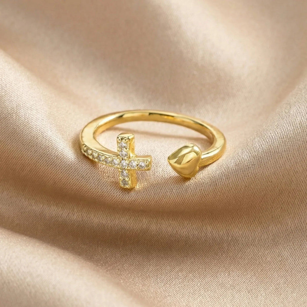 18K Gold Plated Heart Cross Ring – CZ Adjustable Open Band Fashion Ring SPOT
