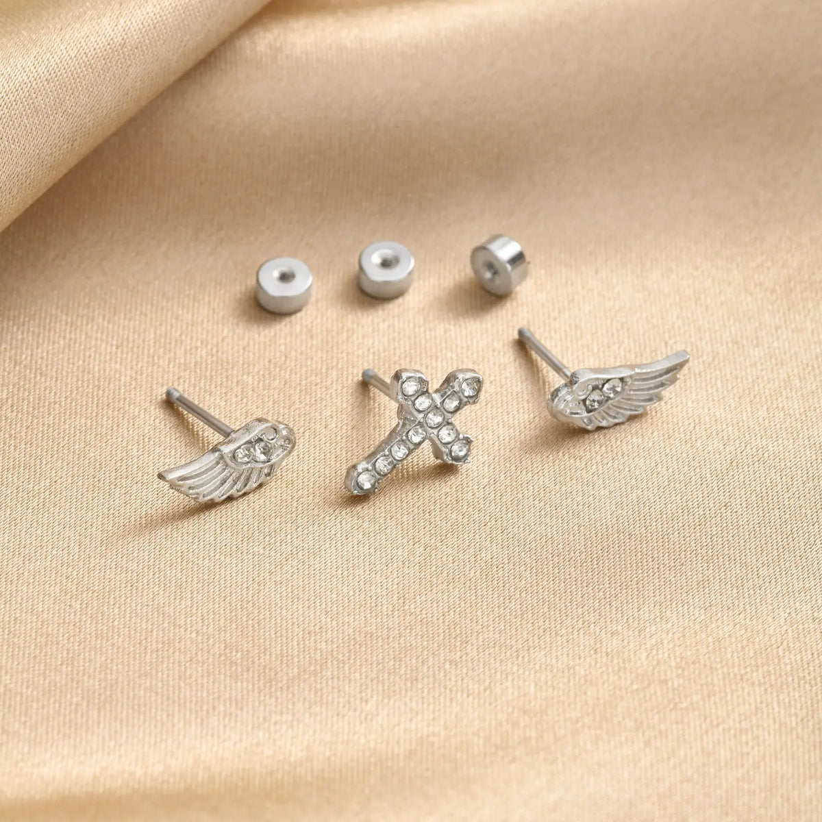 Gothic Cross Angel Wings Stud Earrings Set – 3Pcs CZ Silver Stud Earring Set SPOT