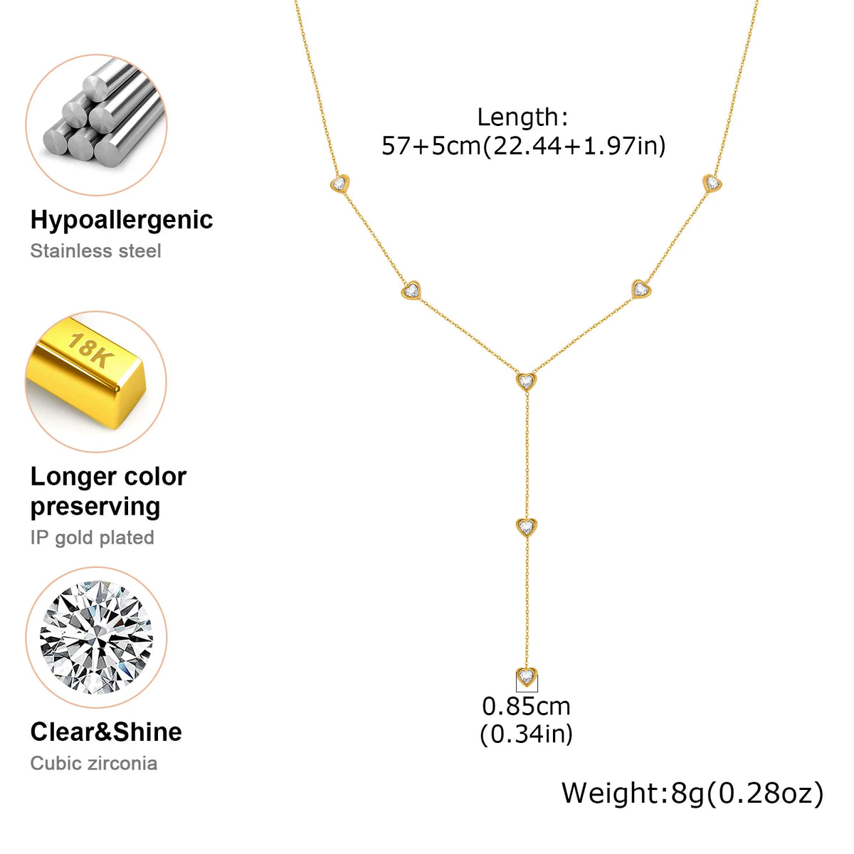 Women's Heart Zirconia Lariat Necklace | Gold Plated Steel Pendant Necklace SPOT
